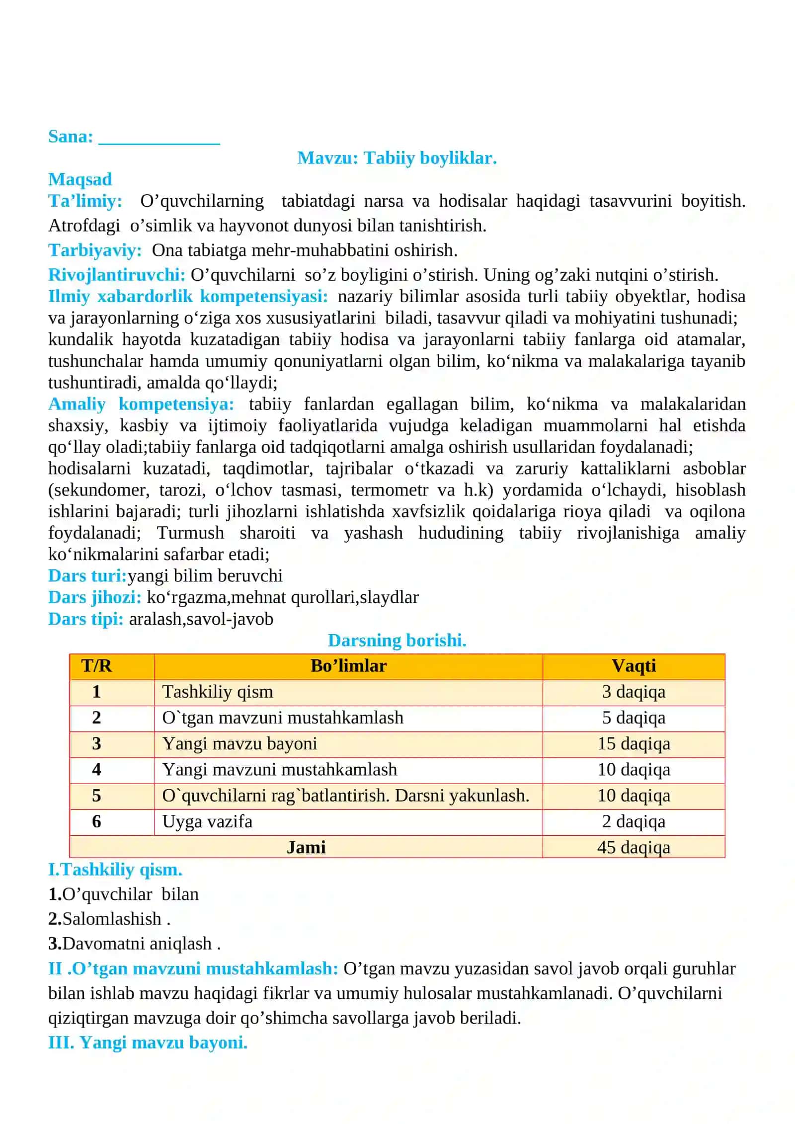 2-sinf Tabiiy fan (Science) Tabiiy boyliklar mavzusida dars ishlanma 2