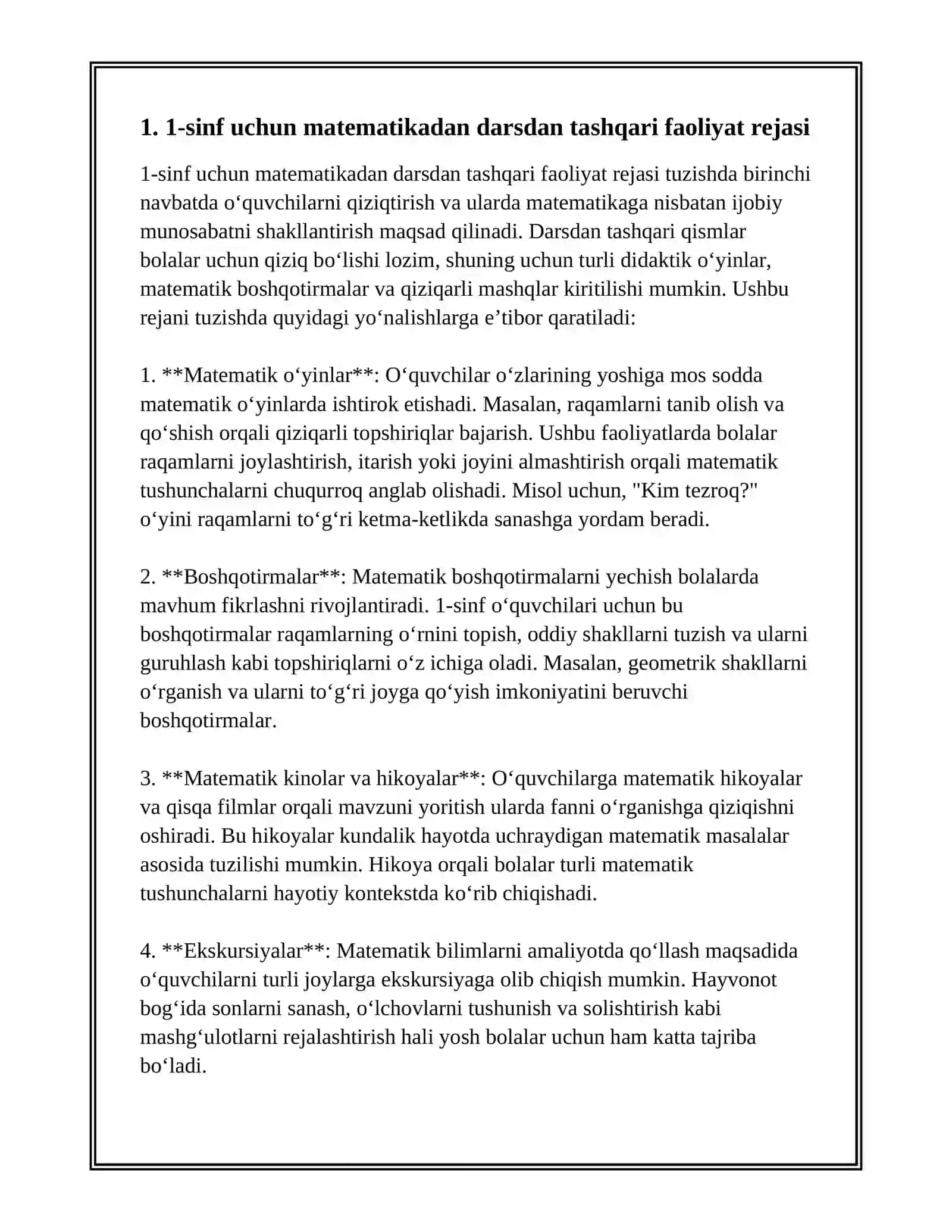 1-SINFDA MATEMATIKADAN SINFDAN TASHQARI ISHLARNI TASHKIL ETISH 2