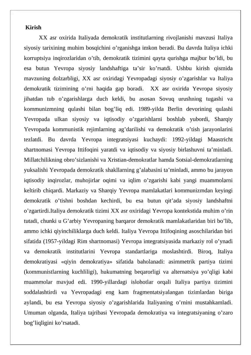 XX asr oxirida Italiyada demokratik institutlar rivoji 2