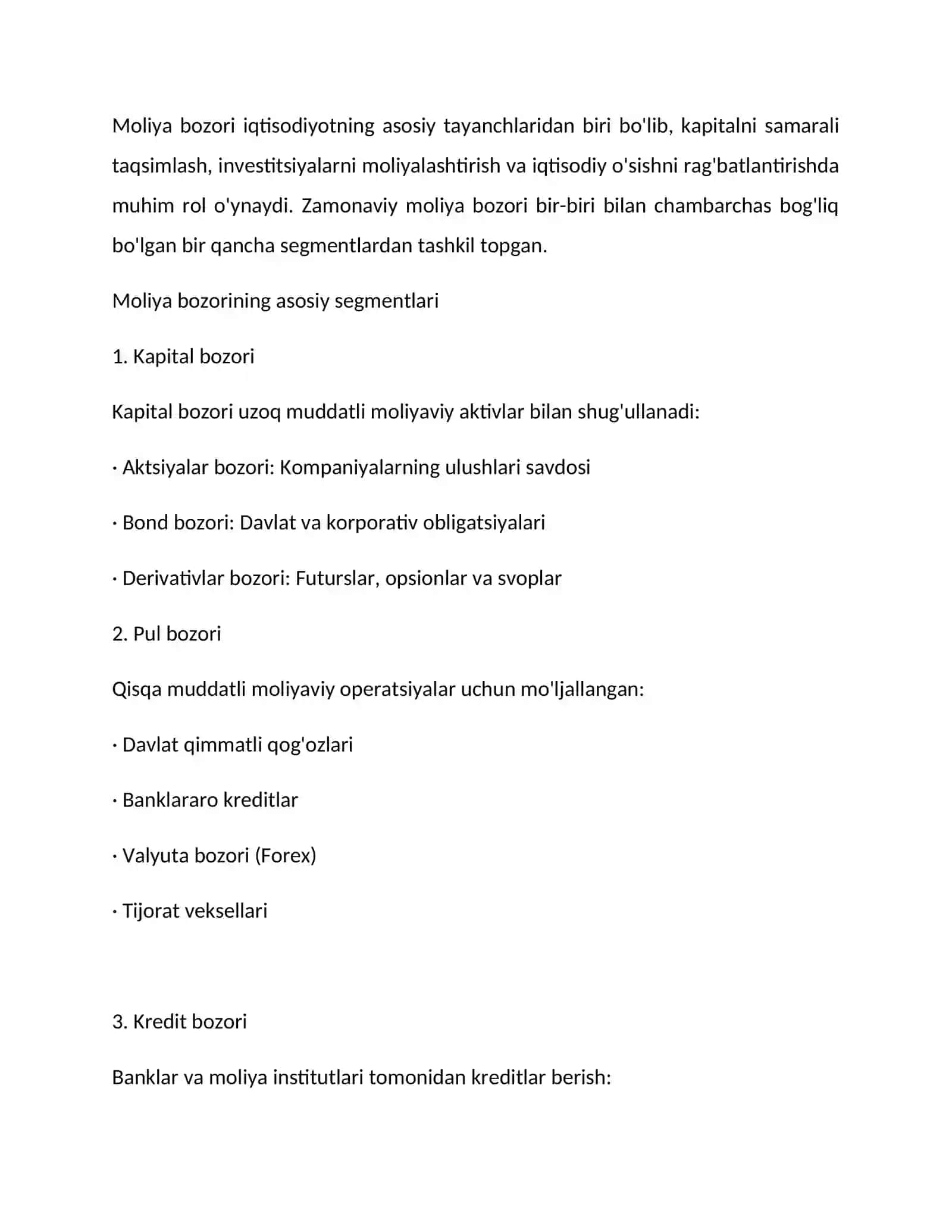 Moliya bozorining asosiy segmentlari va ularning o'zaro bog'liqligi 2