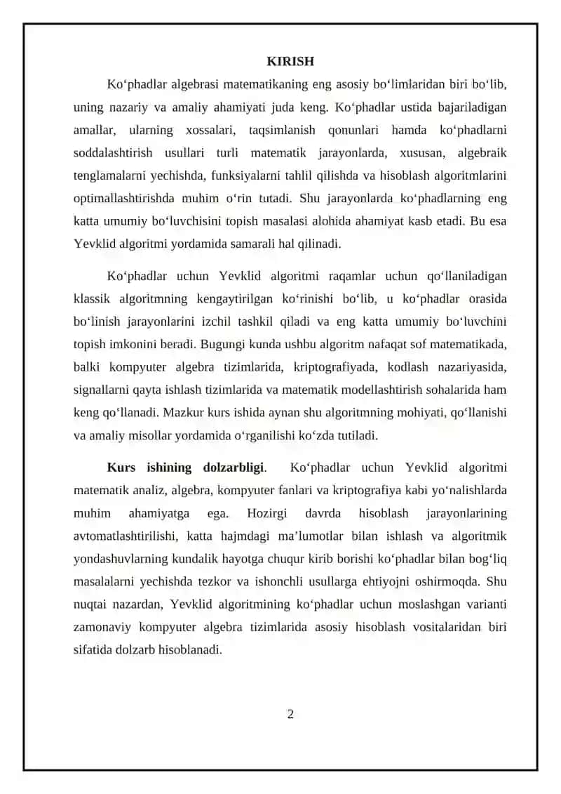 Koʻphadlar uchun yevklid algoritmi 2