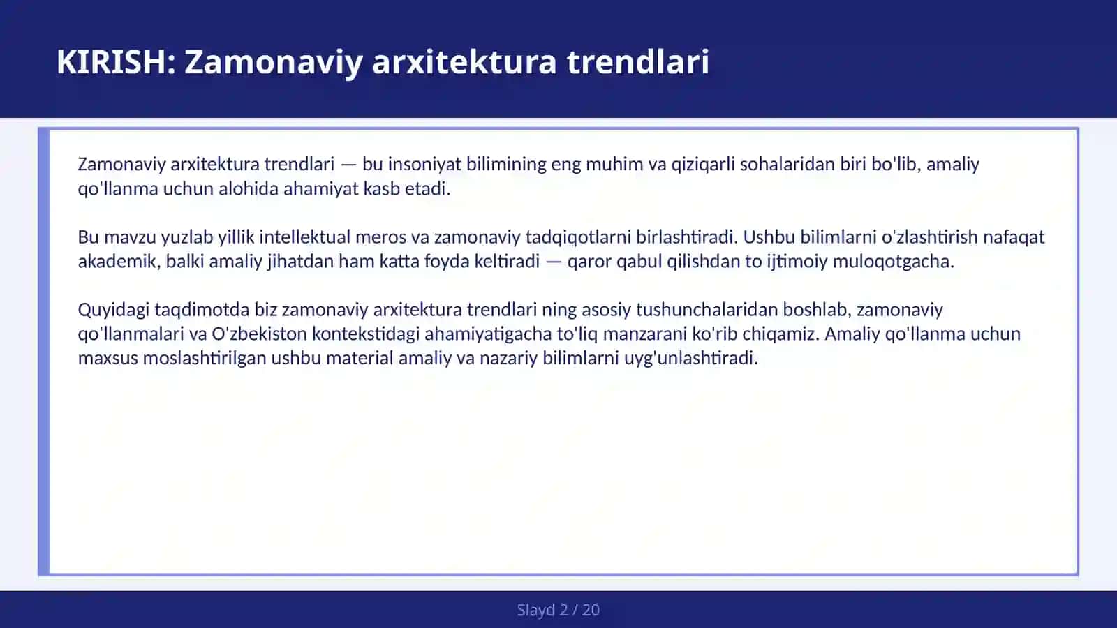 ZAMONAVIY ARXITEKTURA TRENDLARI 2