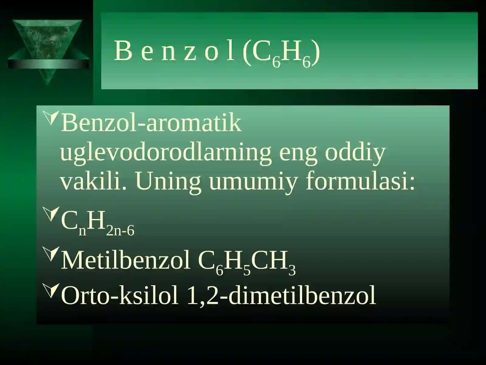 MAVZU: AROMATIK UGLEVODORODLAR BENZOL VA UNING GOMOLOGLARI 2