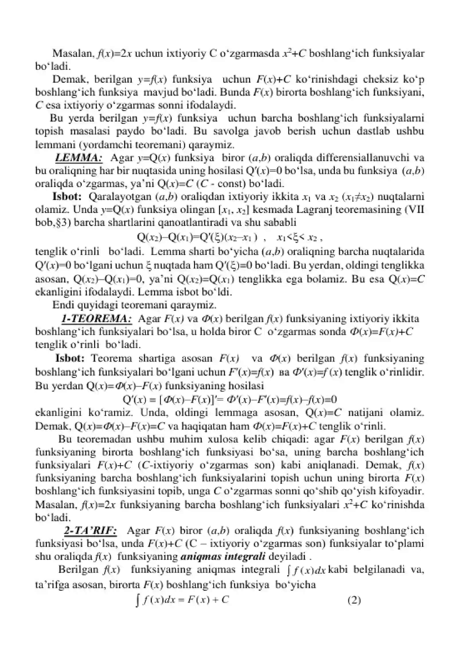 Boshlang'ich funksiya va aniqmas integral. Aniq integral va uning asosiy xossalari 2