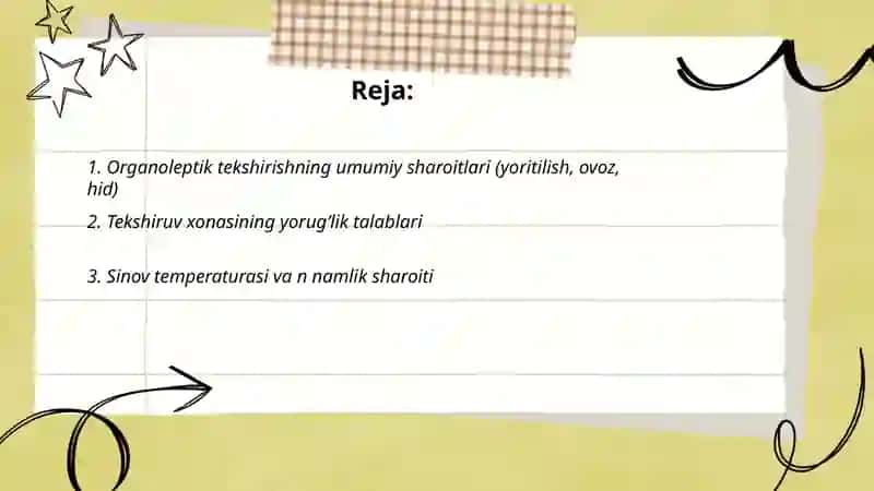Ovqat mahsulotini organaleptik tekshirish sharoiti va hajmi 2