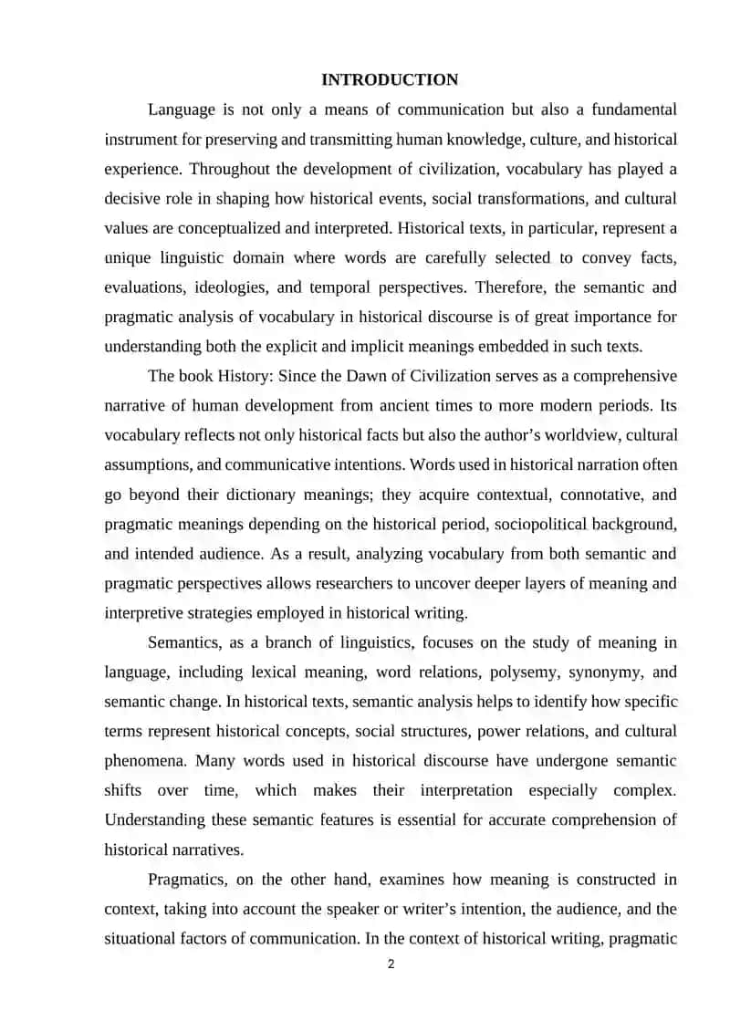 A semantic and Pragmatic Analysis of Vocabulary in History since the down of civilization 2