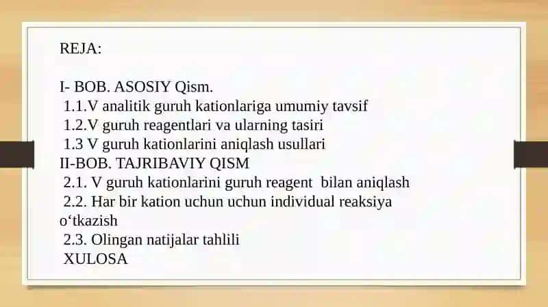 V analitik guruh kationlarini 2