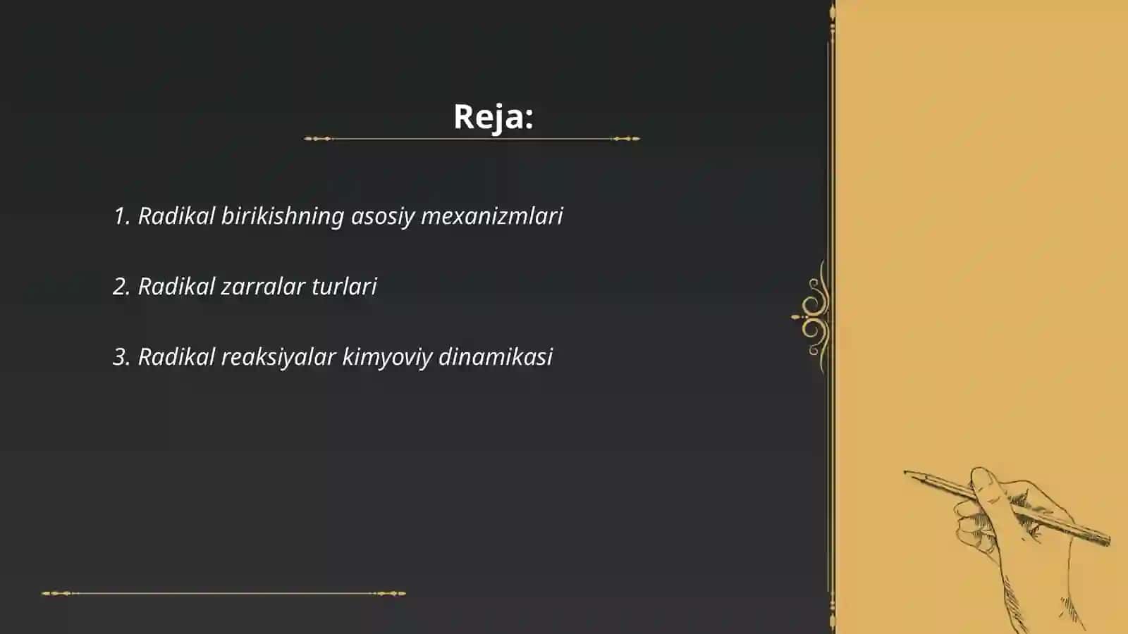 Radikal birikish radikal faoliyat zarralar. Qarash effekti 2
