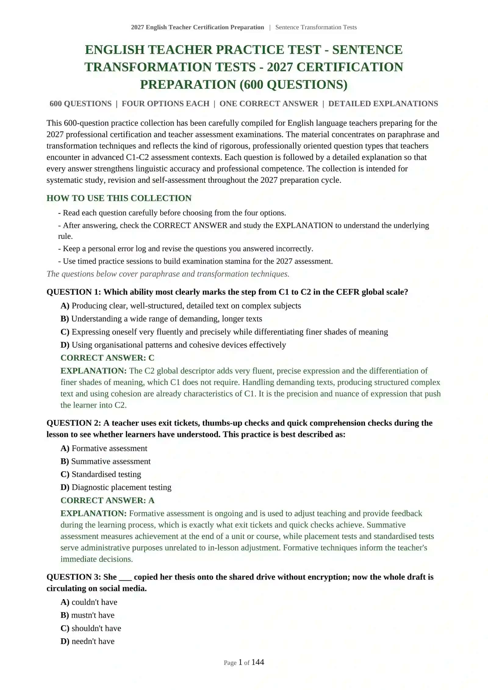2027 English Teacher Certification Preparation | Sentence Transformation Tests 2