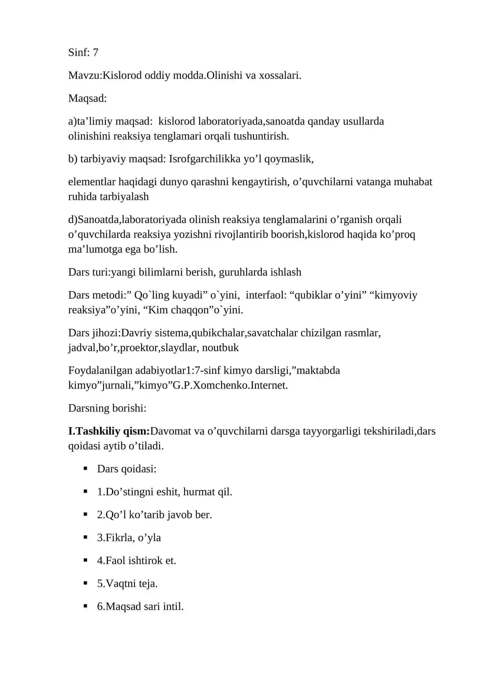 7-sinf Kimyo fanidan Kislorod oddiy modda. Olinishi va xossalari mavzuda ochiq dars ishlanma 2