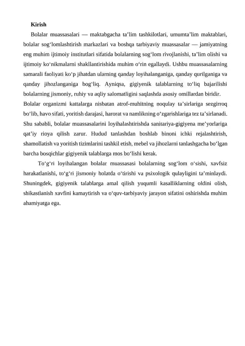 Bolalar muassasalarini loyihalashtirish, qurish va jihozlashga bo‘lgan gigiyenik talablar 2