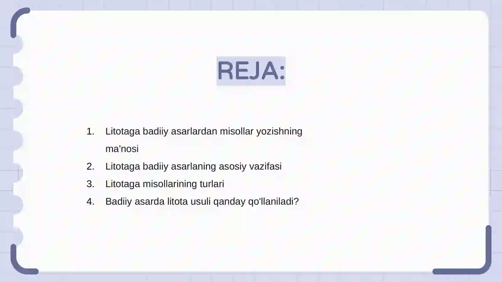 Litotaga badiiy asarlardan misollar yozish 2