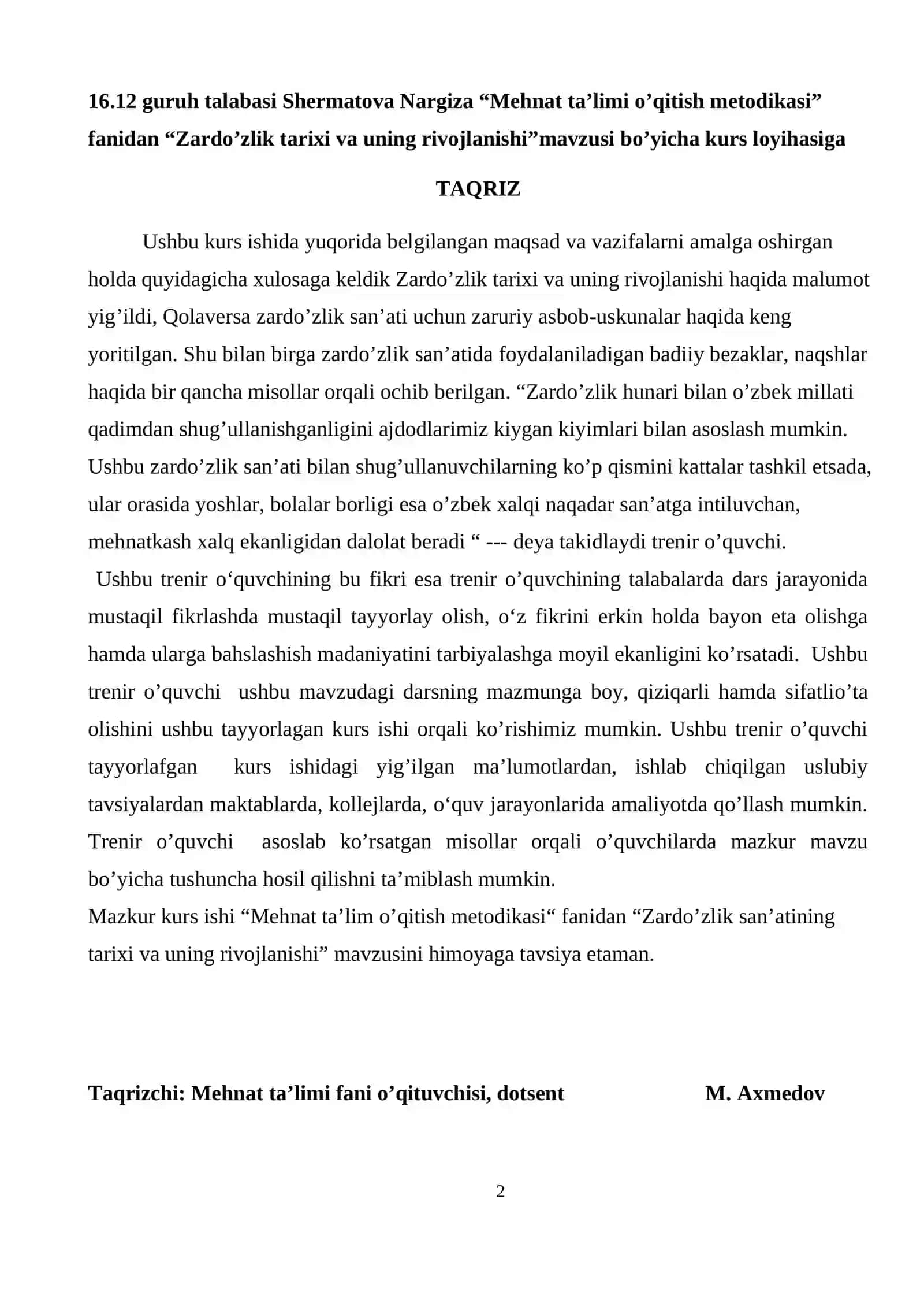 Zardo’zlik san’ati tarixi, rivojlanish 2