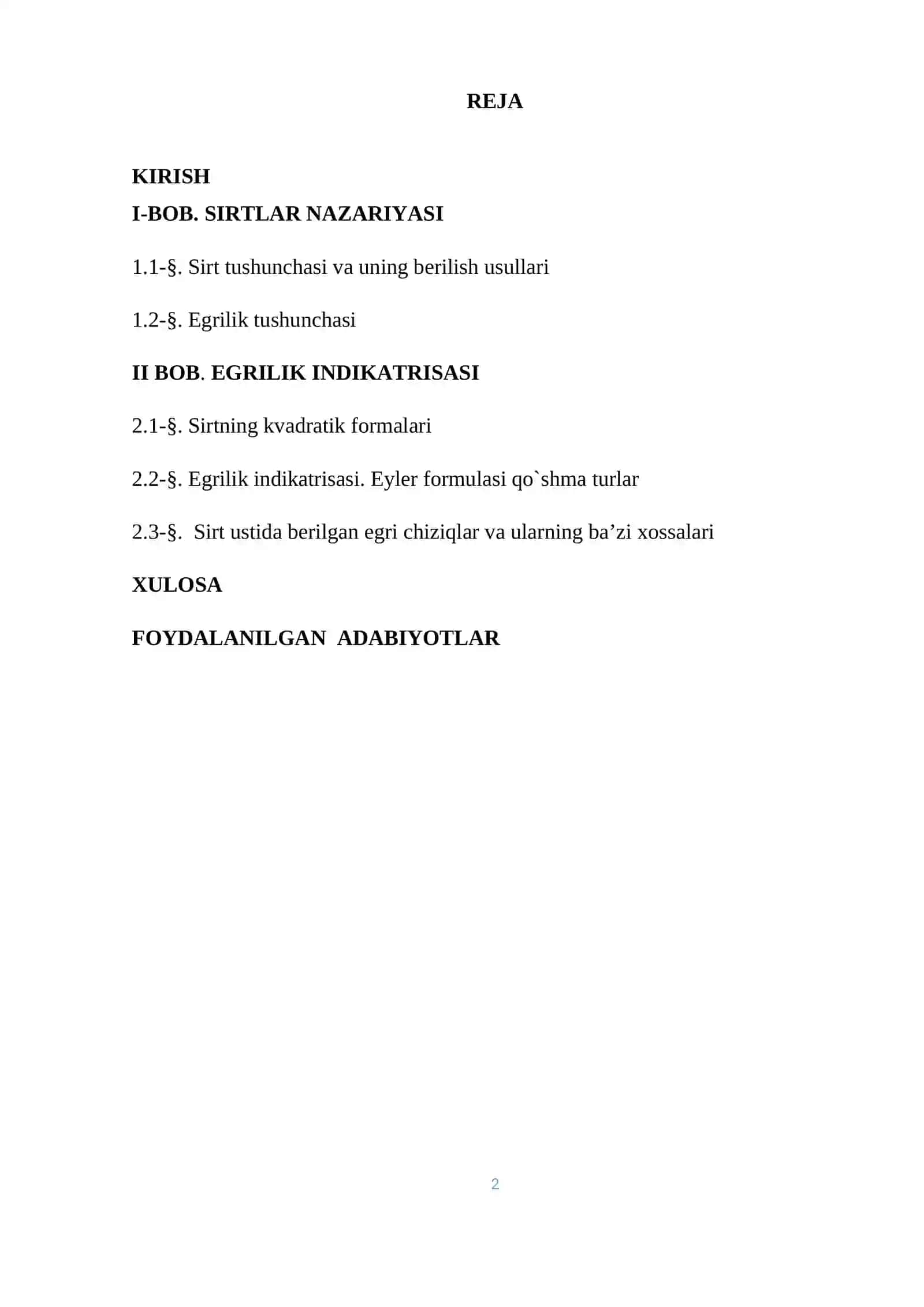 Egrilik indikatrisasi. Eyler formulasi 2
