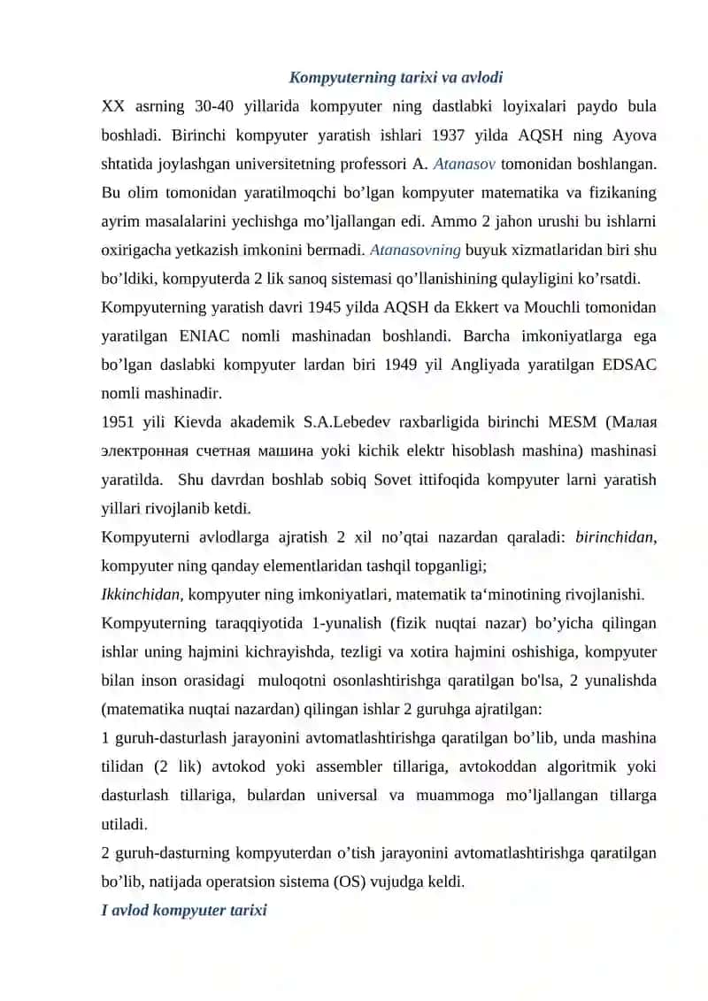 Kompyuterning rivojlanish tarixi, uning avlodlari va qurilmalari 2