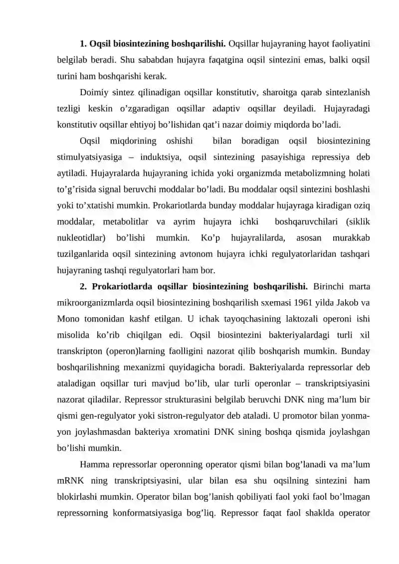 Oqsillar biosintezini boshqarilishi 2