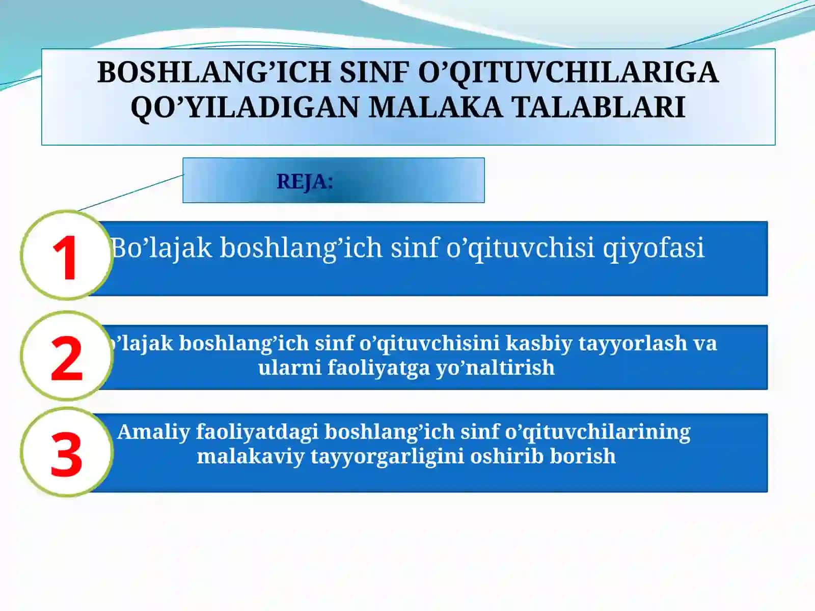 BOSHLANG’ICH SINF O’QITUVCHILARIGA QO’YILADIGAN MALAKA TALABLARI 2