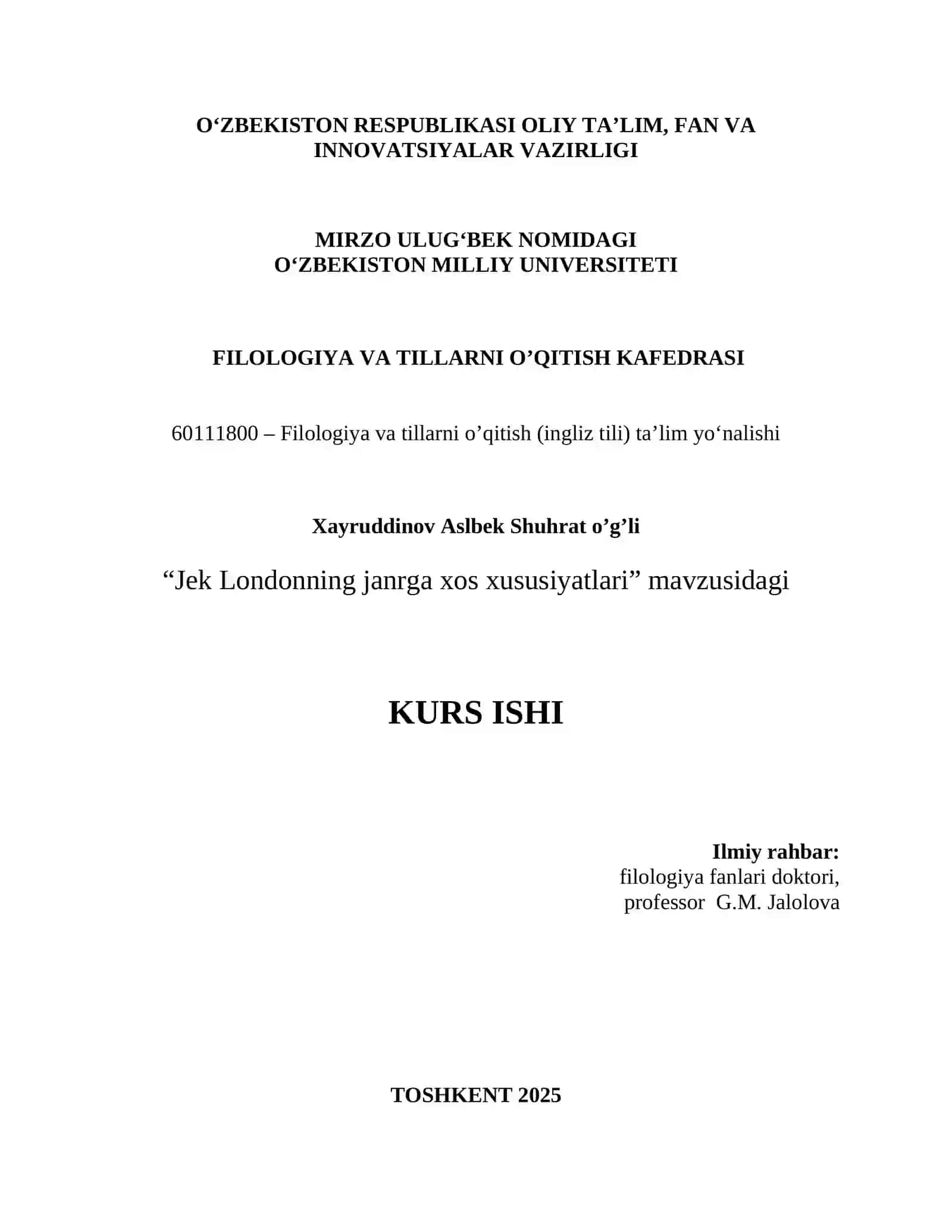 “Jek Londonning janrga xos xususiyatlari” 2