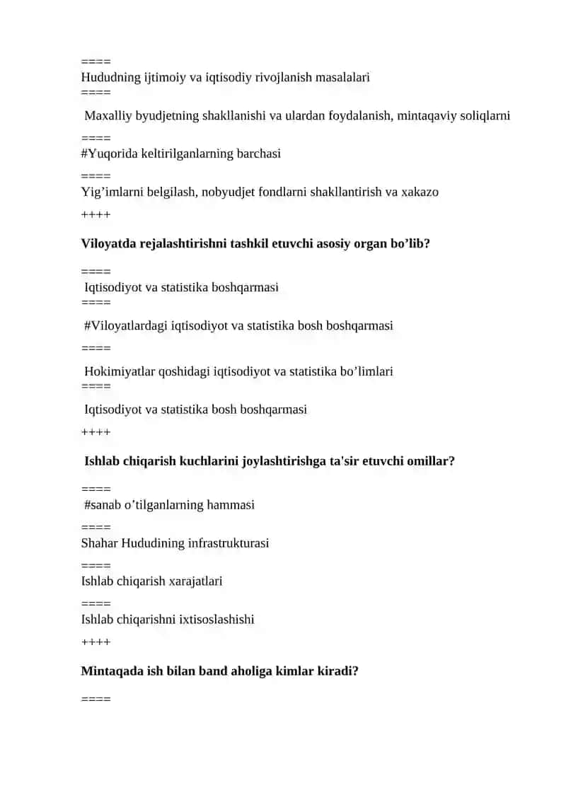 MINTAQAVIY  IQTISODIYOTI YAKUNIY TESTLAR JAVOBLARI BILAN 2