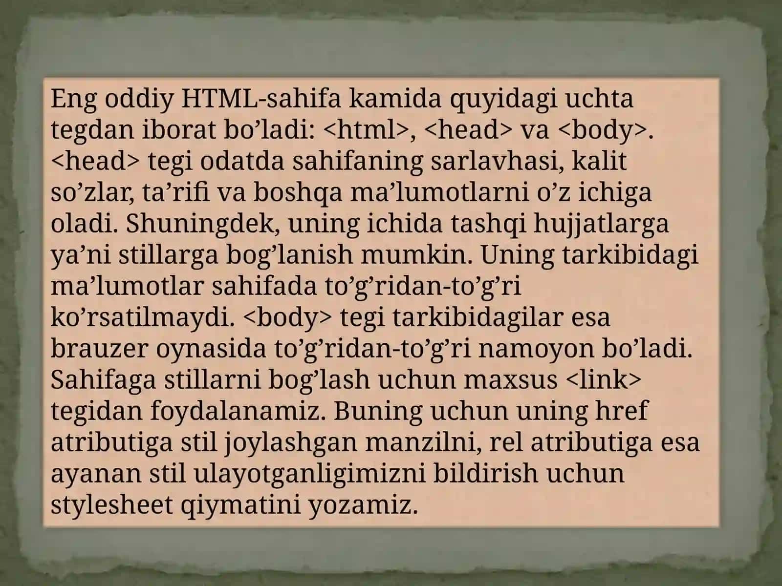 HTML sintaksisi, semantik belgilash, HTML hujjatlarining tuzilishi 2