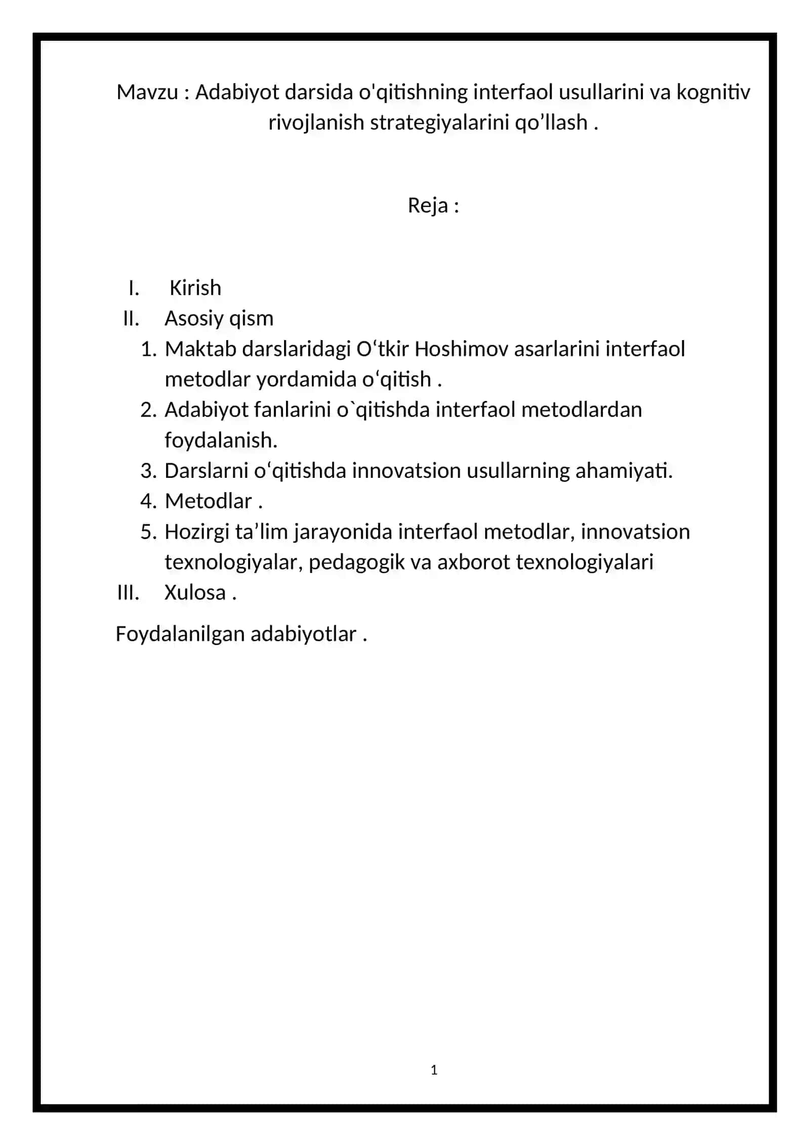 Adabiyot darsida o'qitishning interfaol usullarini va kognitiv rivojlanish strategiyalarini qo’llash 2