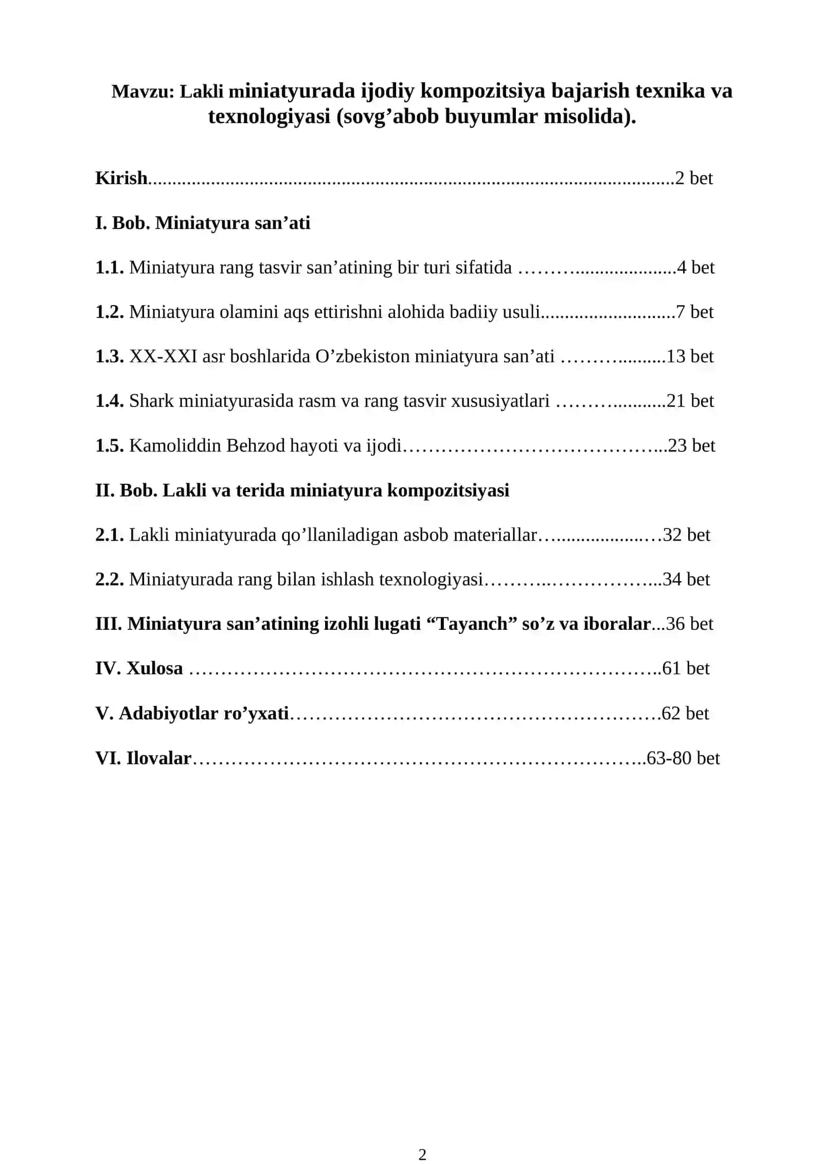 Lakli miniatyurada ijodiy kompozitsiya bajarish texnika va texnologiyasi (sovgabob buymlar misolida) mavzusidagi bitiruv malakaviy ishi 2
