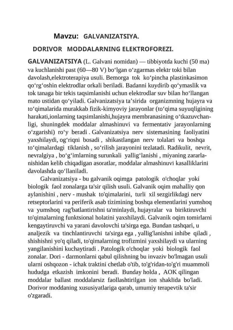 Galvanizatsiya. Dorivor moddalarning elektroforezi 2