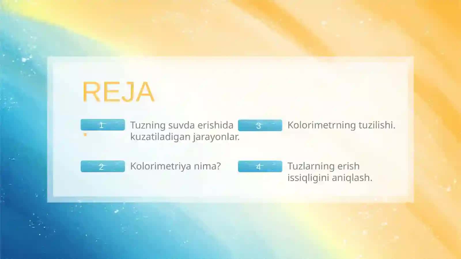 Tuzlarning erish issiqligini aniqlash va kalorimetriya 2