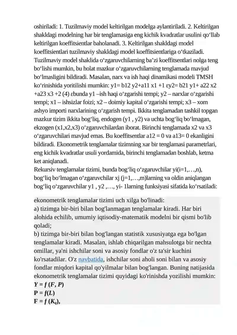 Tenglamalar tizimi ko’rinishidagi ekonometrik modellar 2