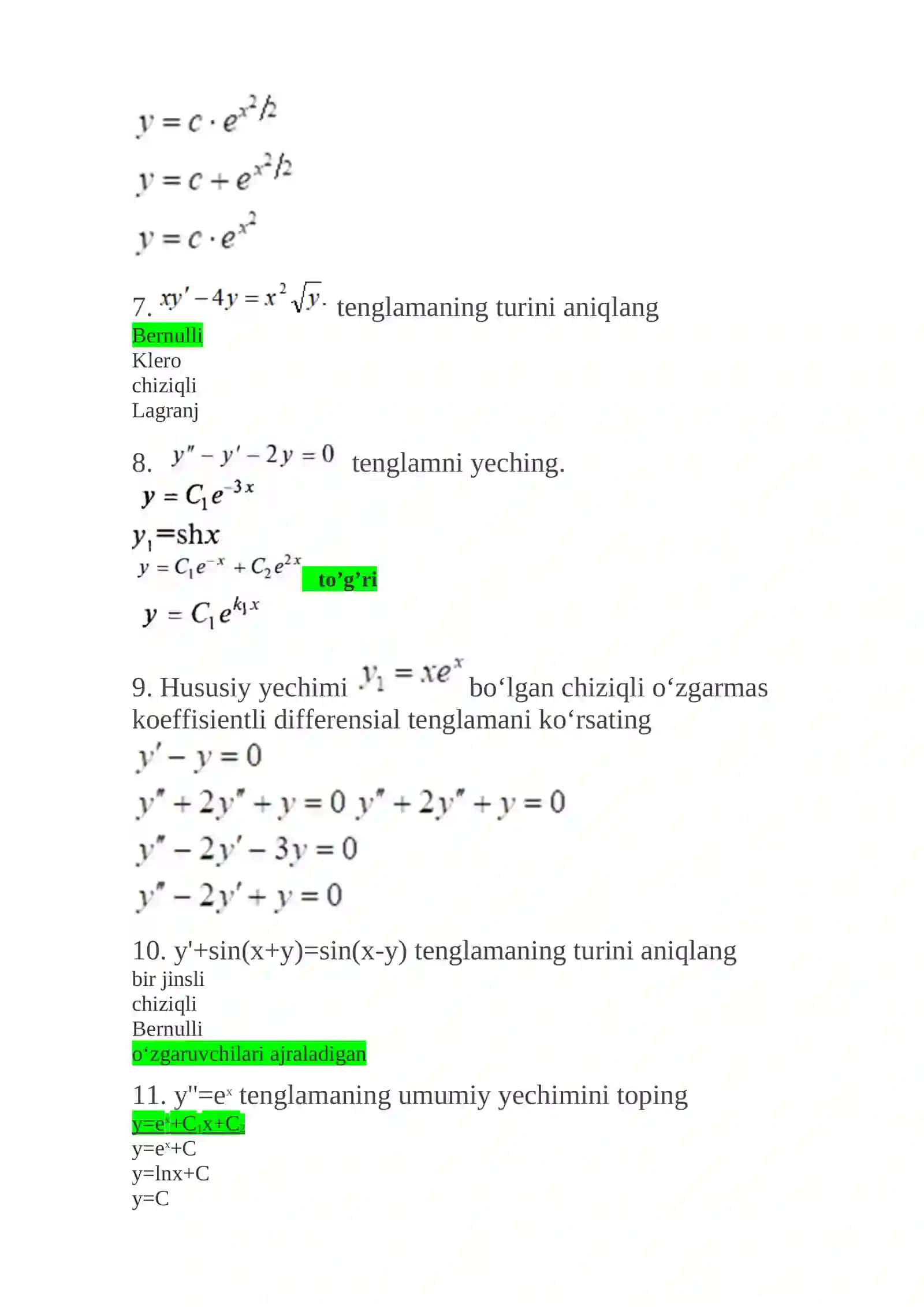 y'+y=0 tenglamaning turini aniqlang 2