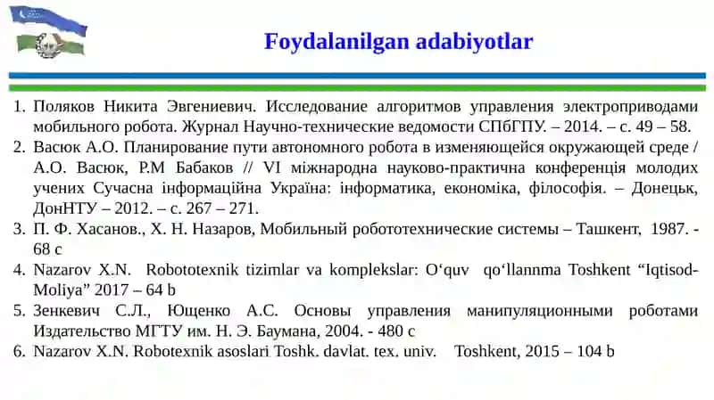 Mobil robotlar, moslashuvchan va intellektual robototexnik tizimlar 2