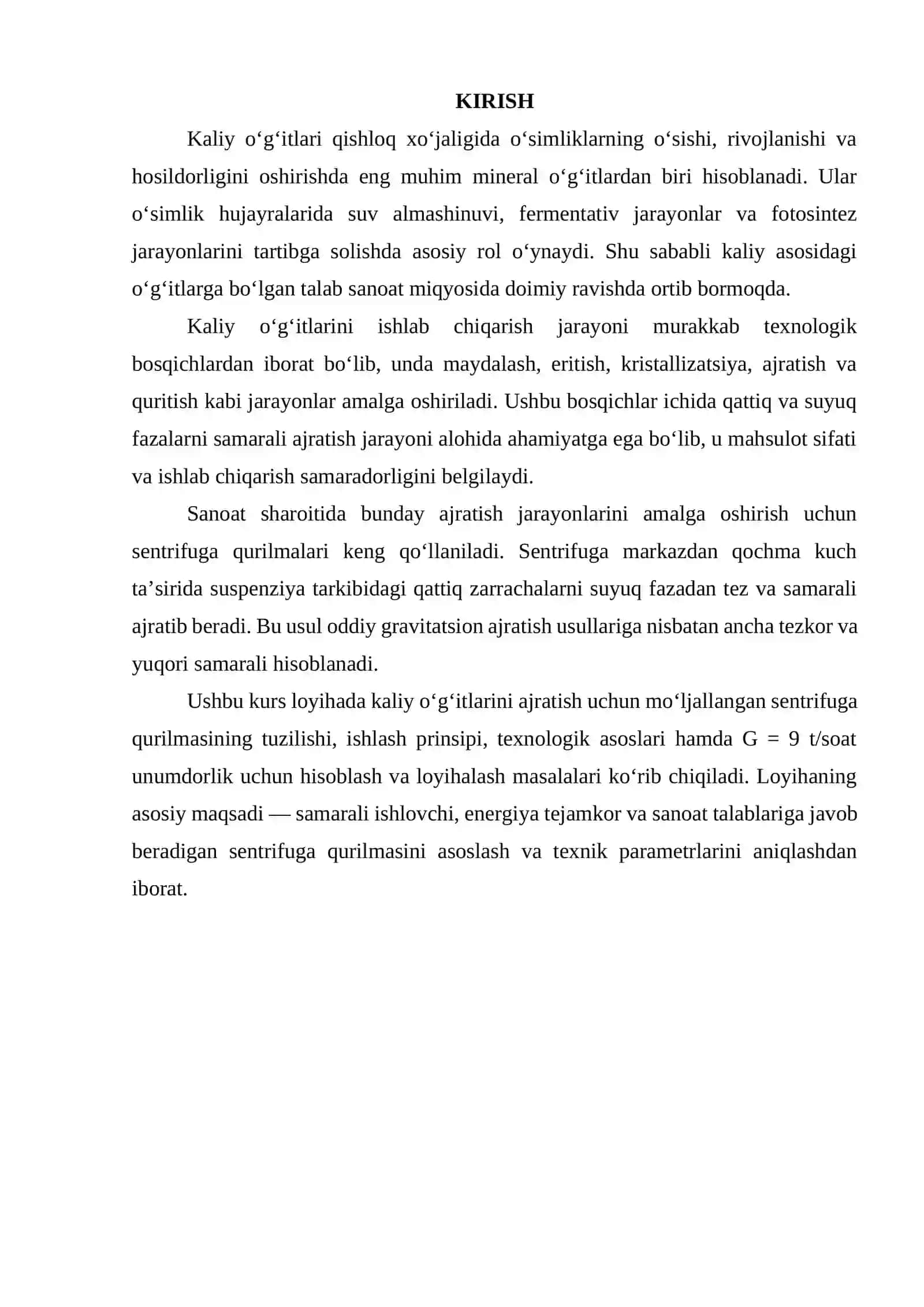 Kaliy o'g'itlarini ajratish uchun sentrifuga qurilmasi. G = 9 t/soat 2