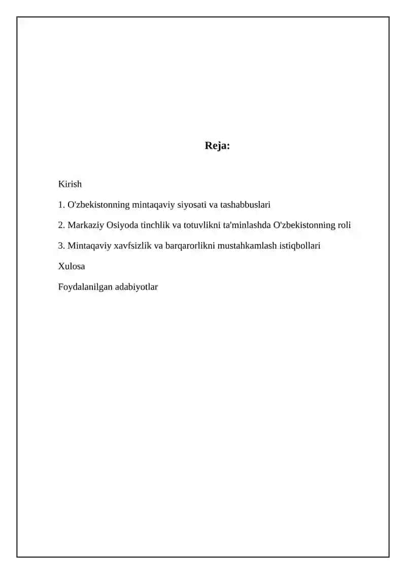 O‘zbekistonning Markaziy Osiyoda tinchlik va fuqarolikni ta’minlashdagi o‘rni 2