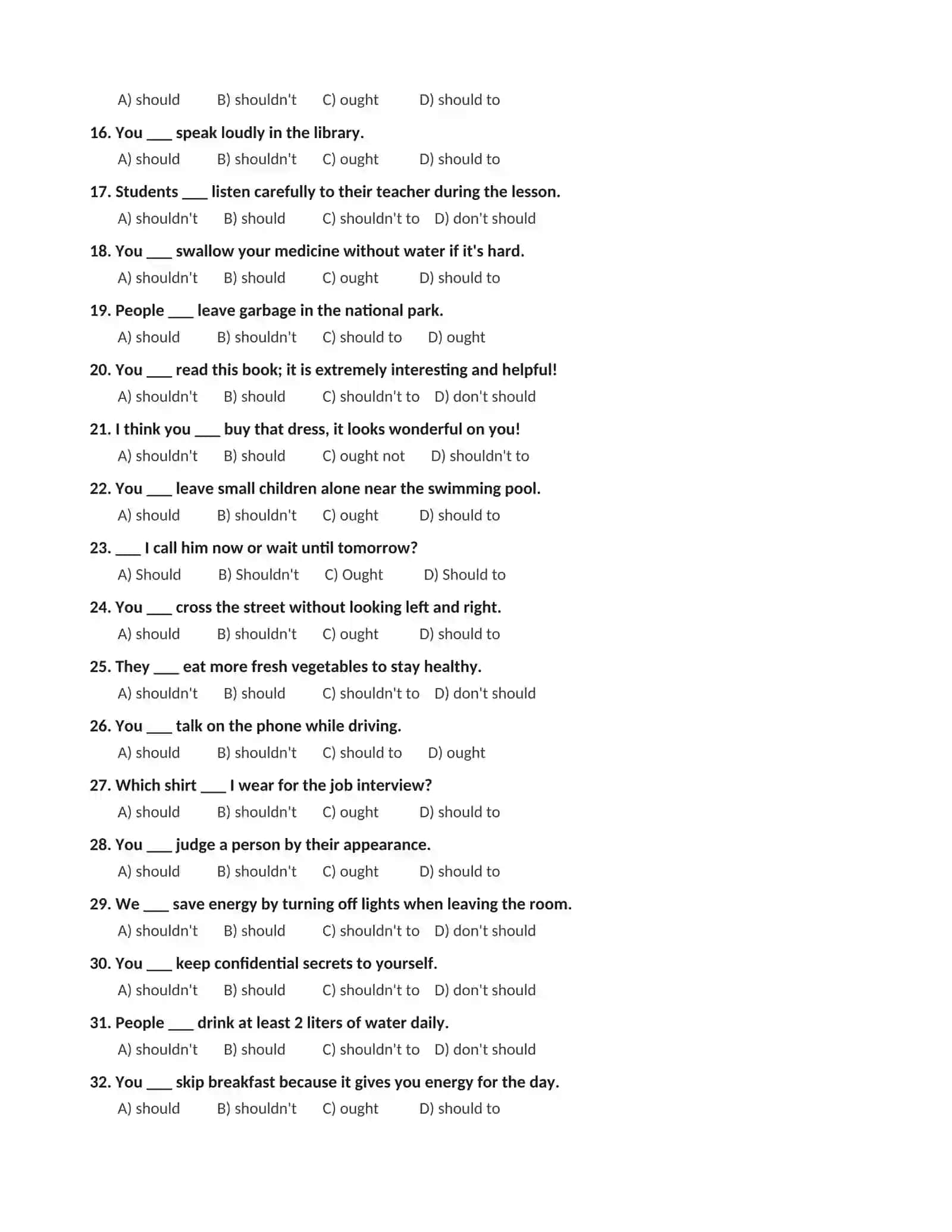 ENGLISH GRAMMAR TEST: SHOULD / SHOULDN'T   100 ta ko'p tanlovli test savollari va javoblar kaliti 2