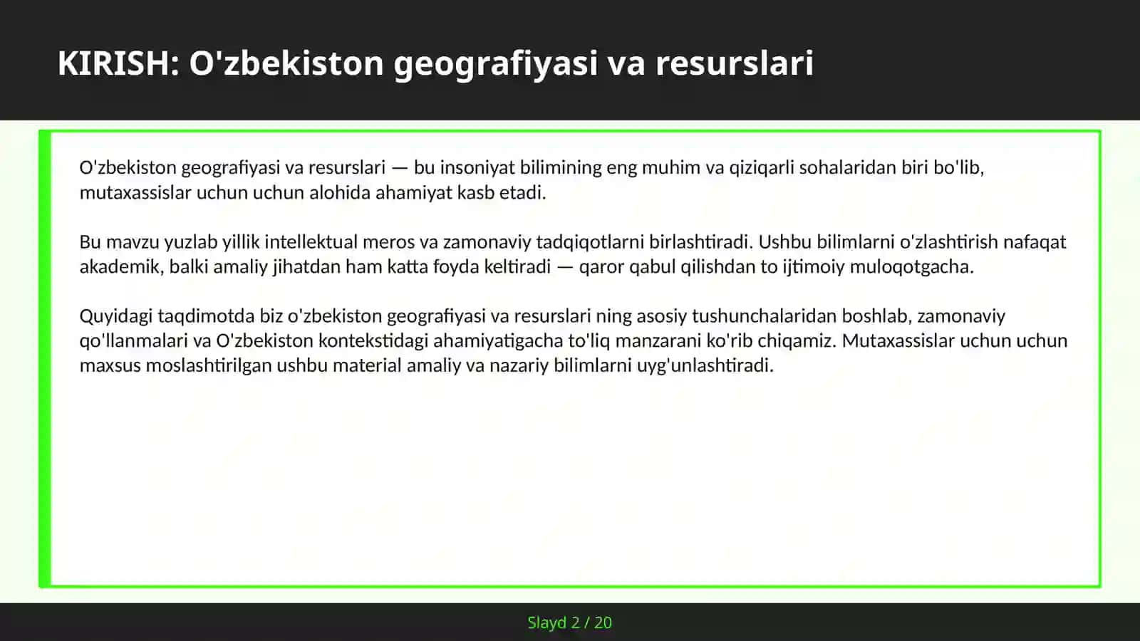 O'ZBEKISTON GEOGRAFIYASI VA RESURSLARI 2