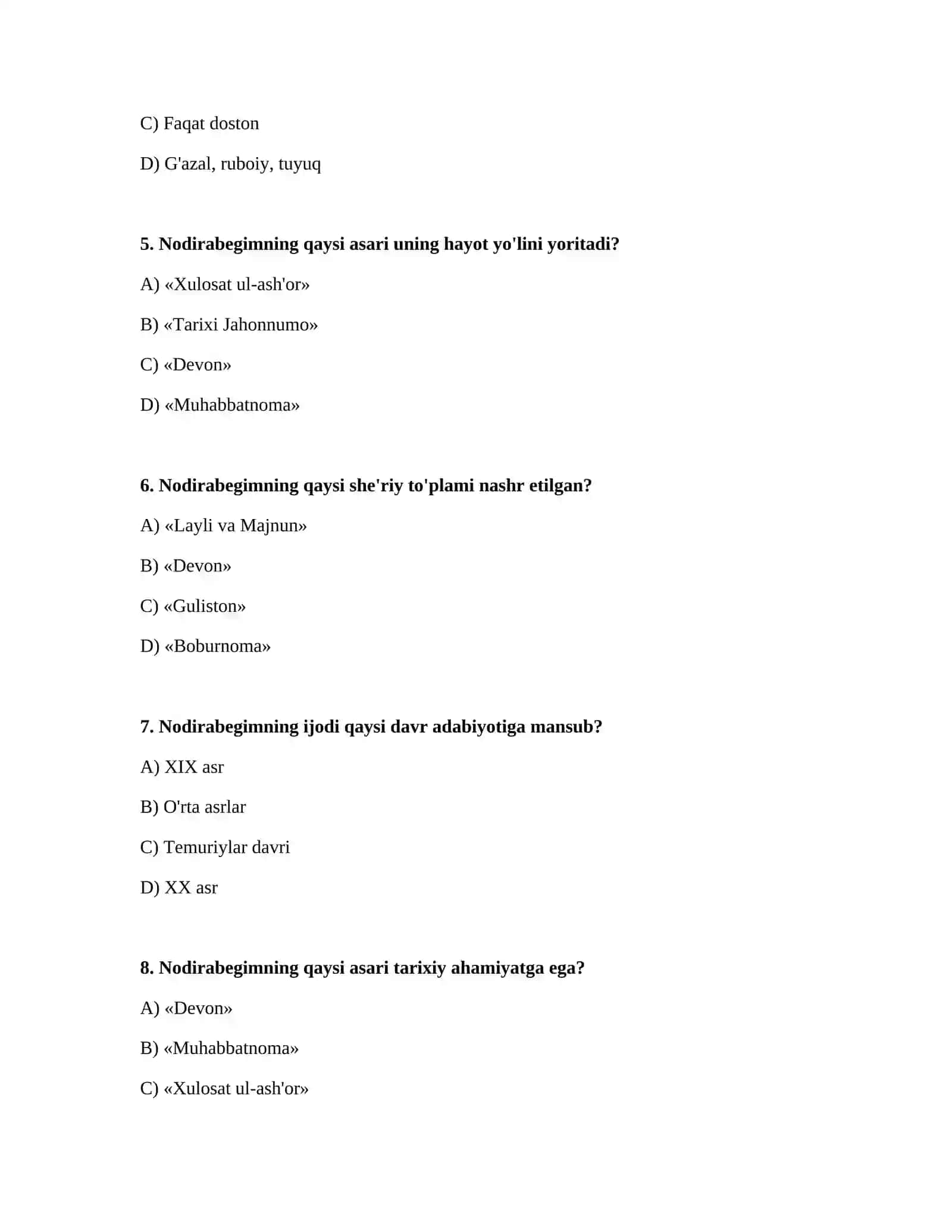 Nodirabegim hayoti va ijodiga oid test tayyorlash 2
