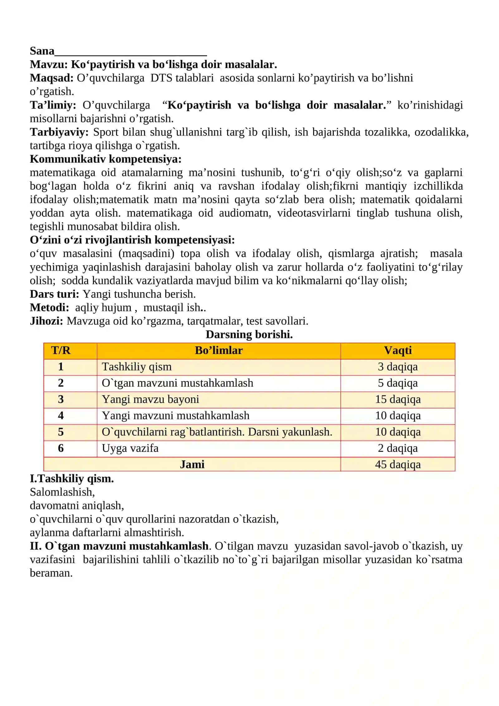 3-sinf Matematika Ko'paytirish va bo'lishga doir masalalar dars ishlanma 2
