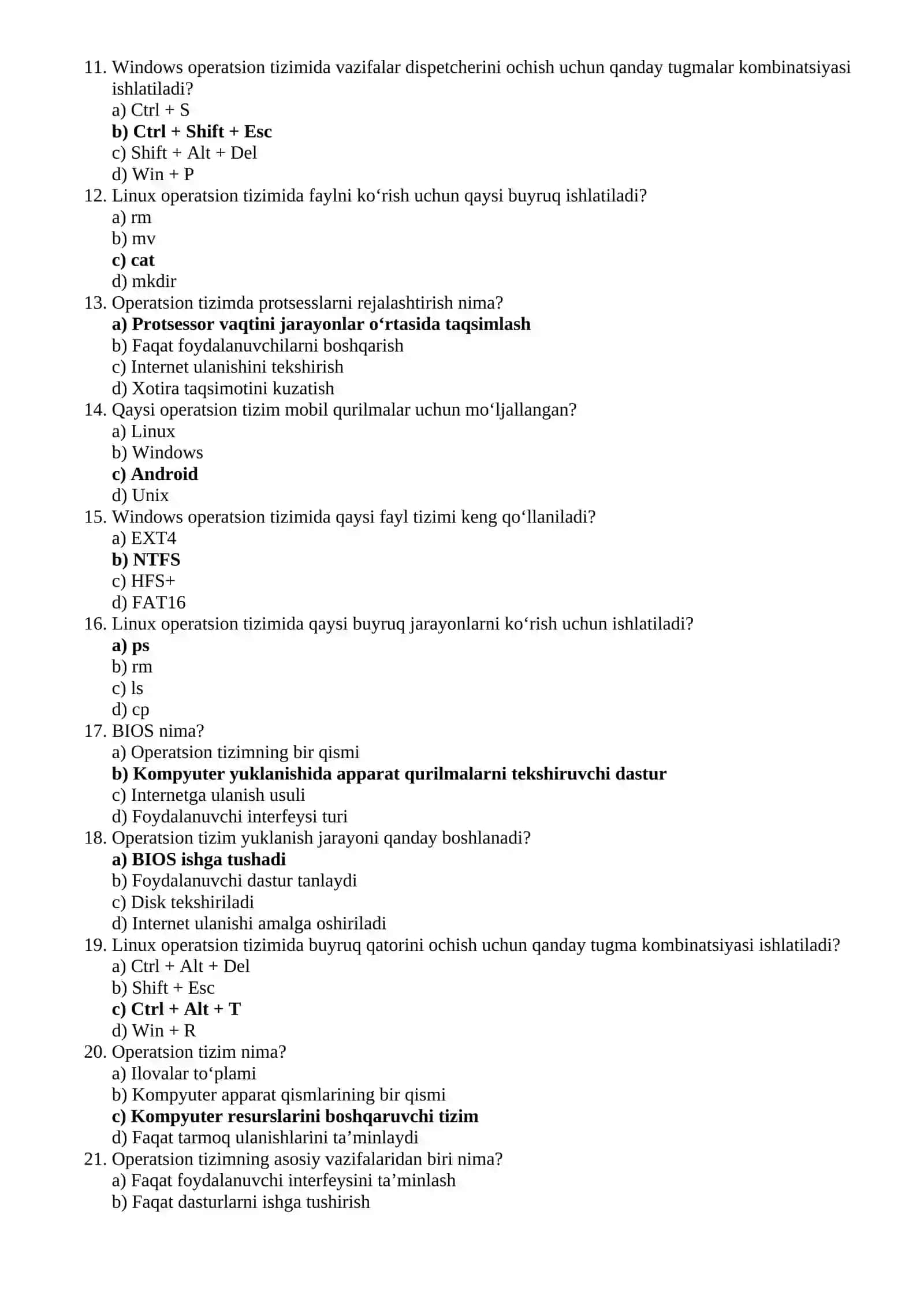 OPERATSION TIZIMLAR FANIDAN TEST SAVOLLARI 2