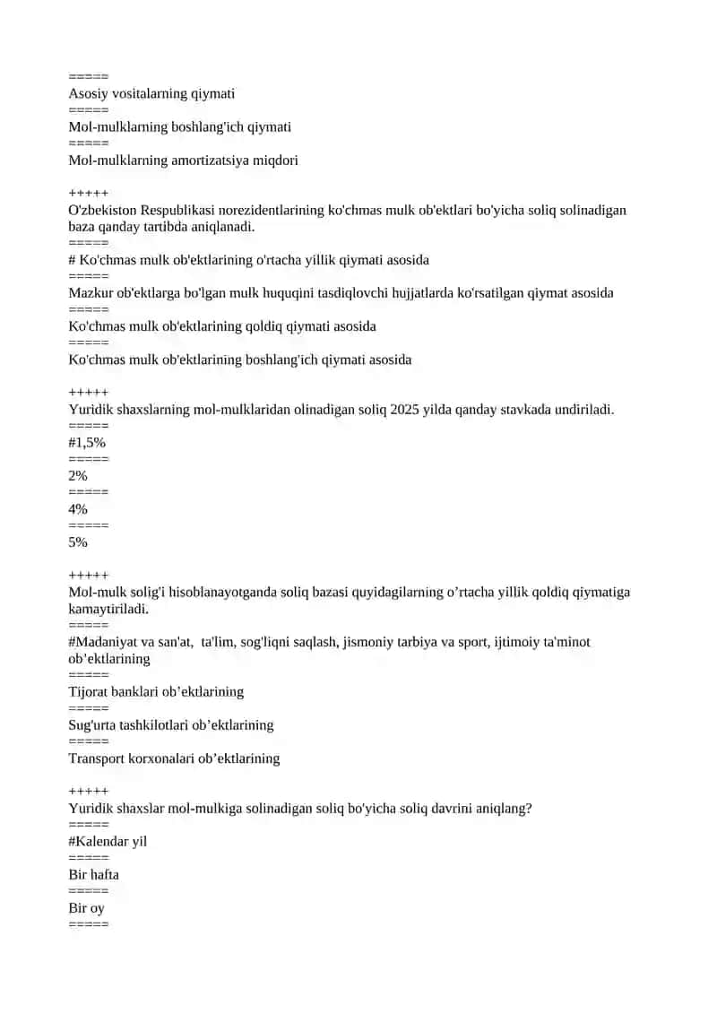 Yuridik shaxslarni soliqqa tortish fanidan test 2