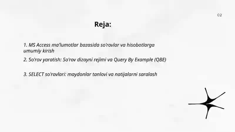 MS Access ma'lumotlar bazasini boshqarish tizimi (Sõrov. Hisobot) 2