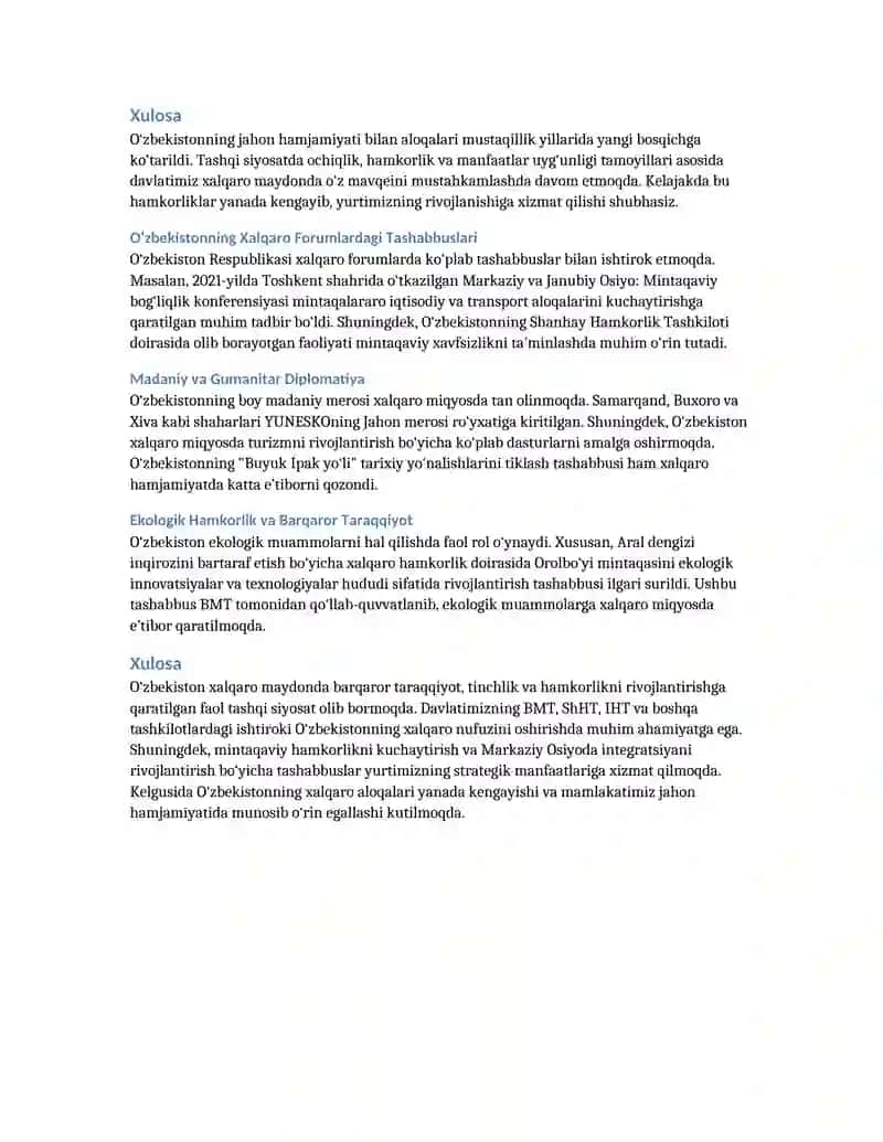 O‘zbekiston va Jahon Hamjamiyati 2
