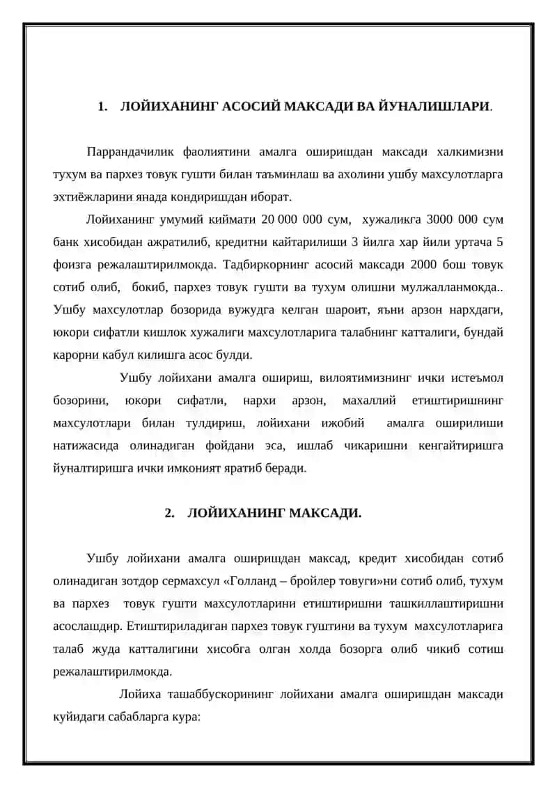 "ПАРРАНДАЧИЛИК" ЛОЙИХАСИНИНГ БИЗНЕС-РЕЖАСИ 2