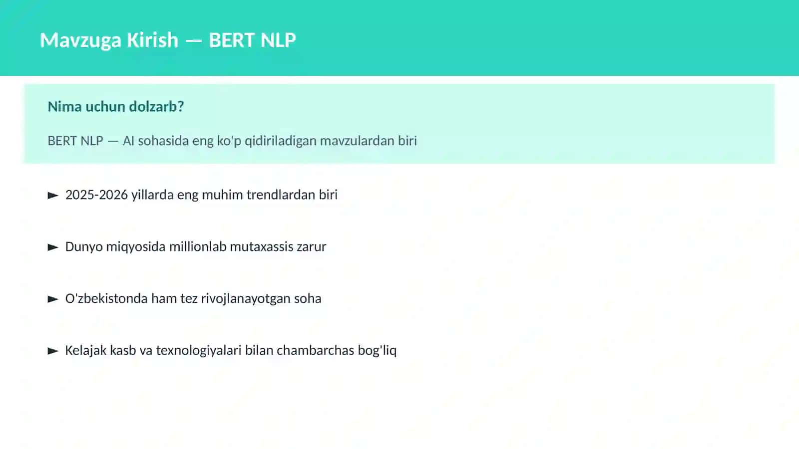 AI | DEEP LEARNING VA NEYRON TARMOQLAR BERT NLP 2