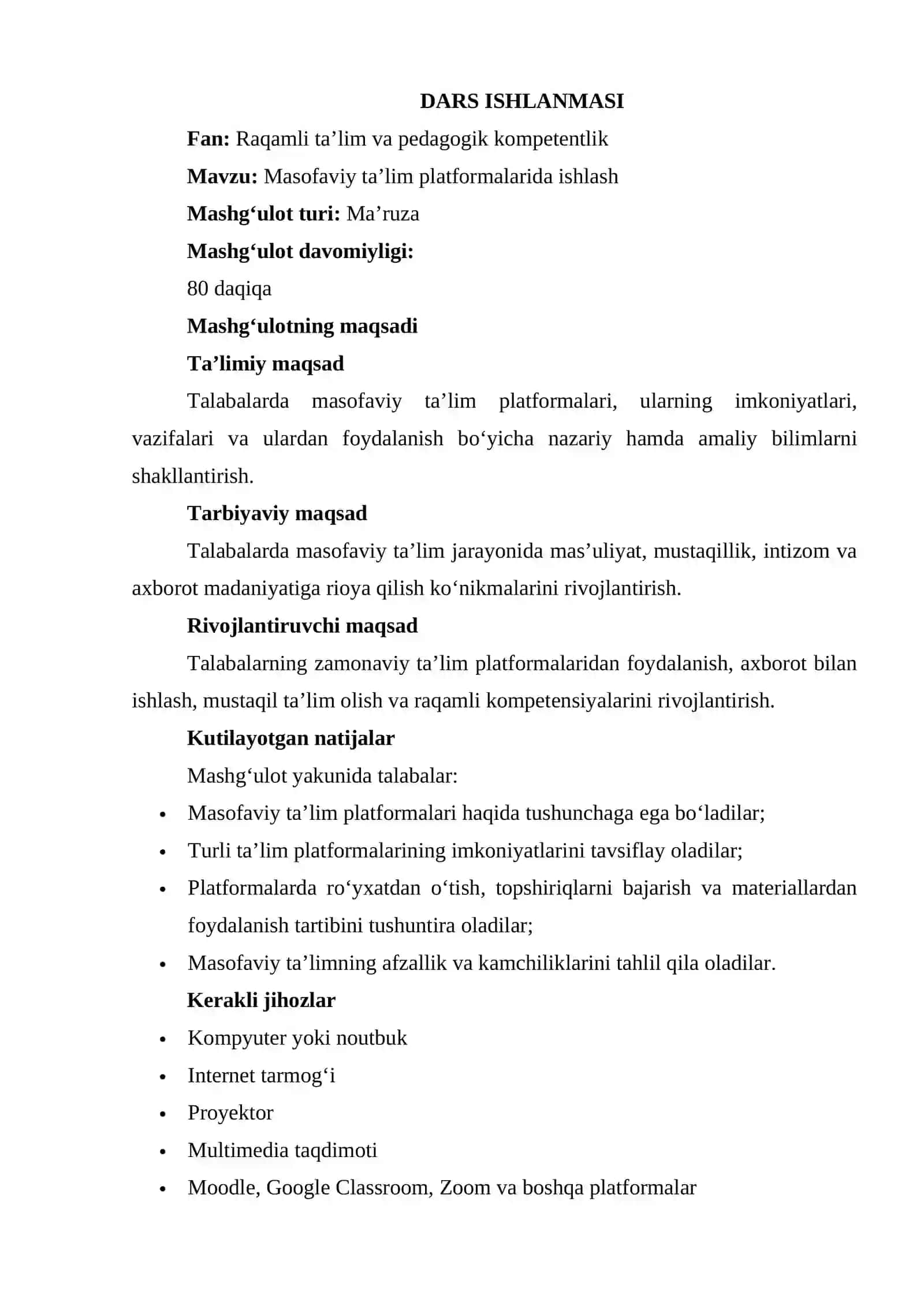 Masofaviy ta’lim platformalarida ishlash mavzusida dars ishlanmasi 2