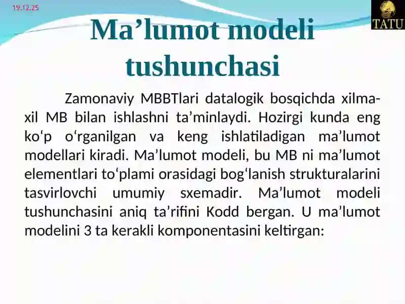 Ma’lumot baza modeli. Mohiyat-aloqa modeli. 2