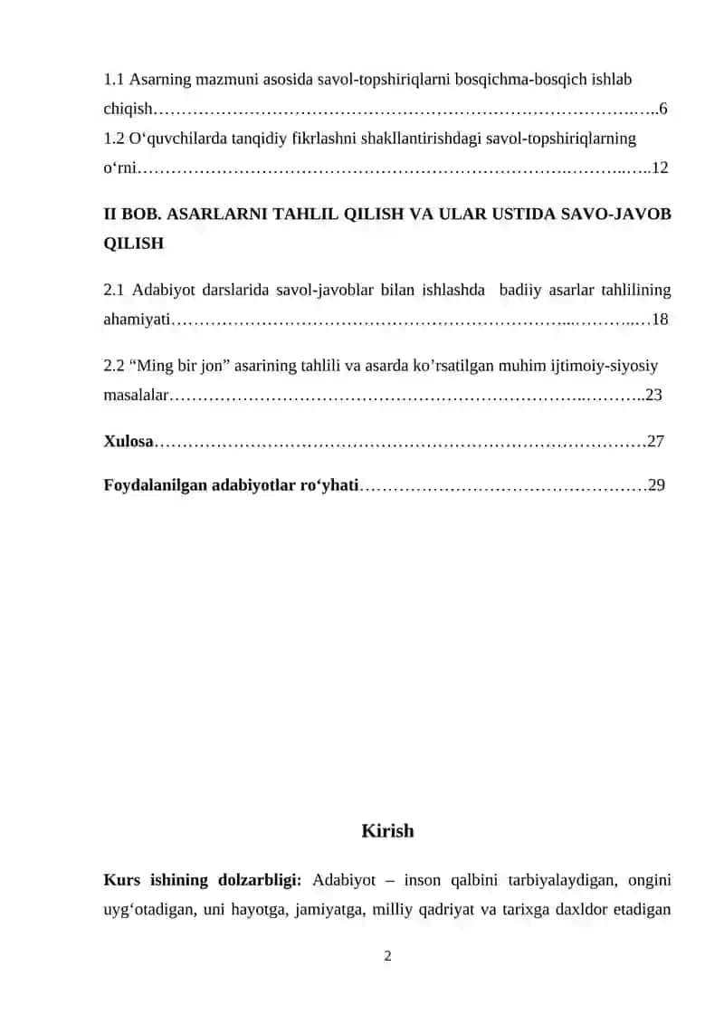 "Adabiyot o‘qitish metodikasi" Kurs ishi 2