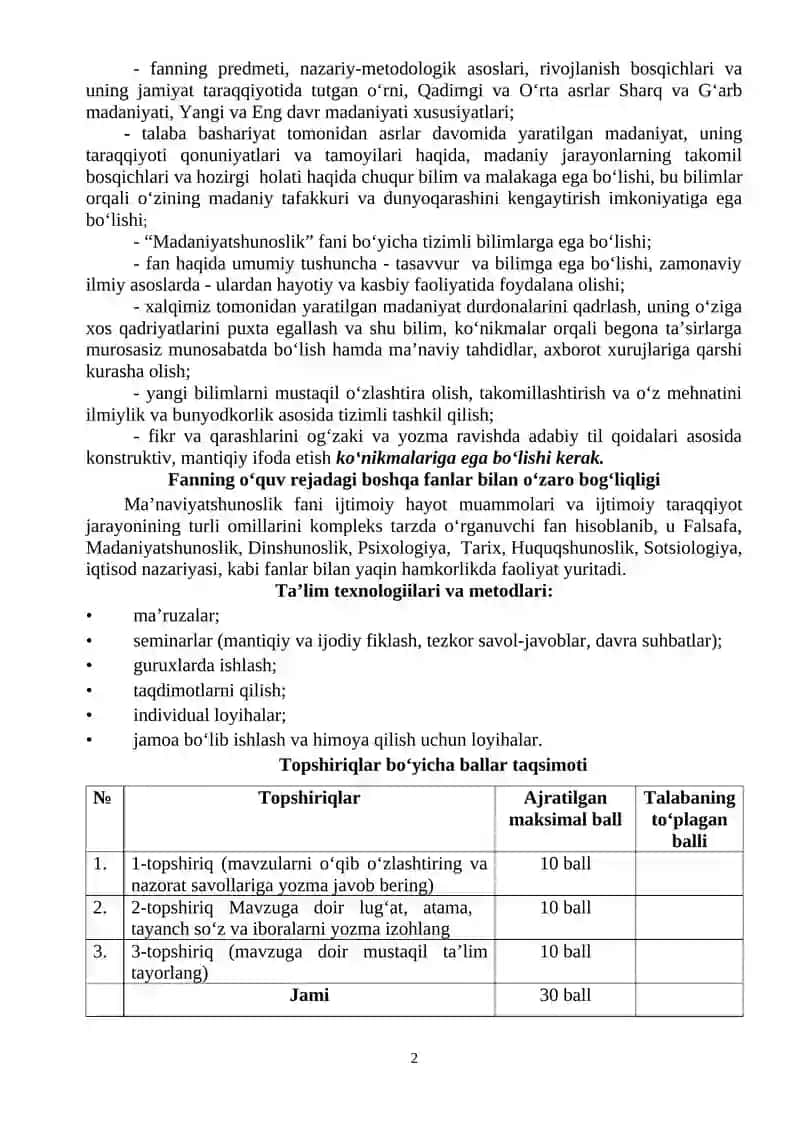 Metodik ishlanma "Madaniyatshunoslik" 2