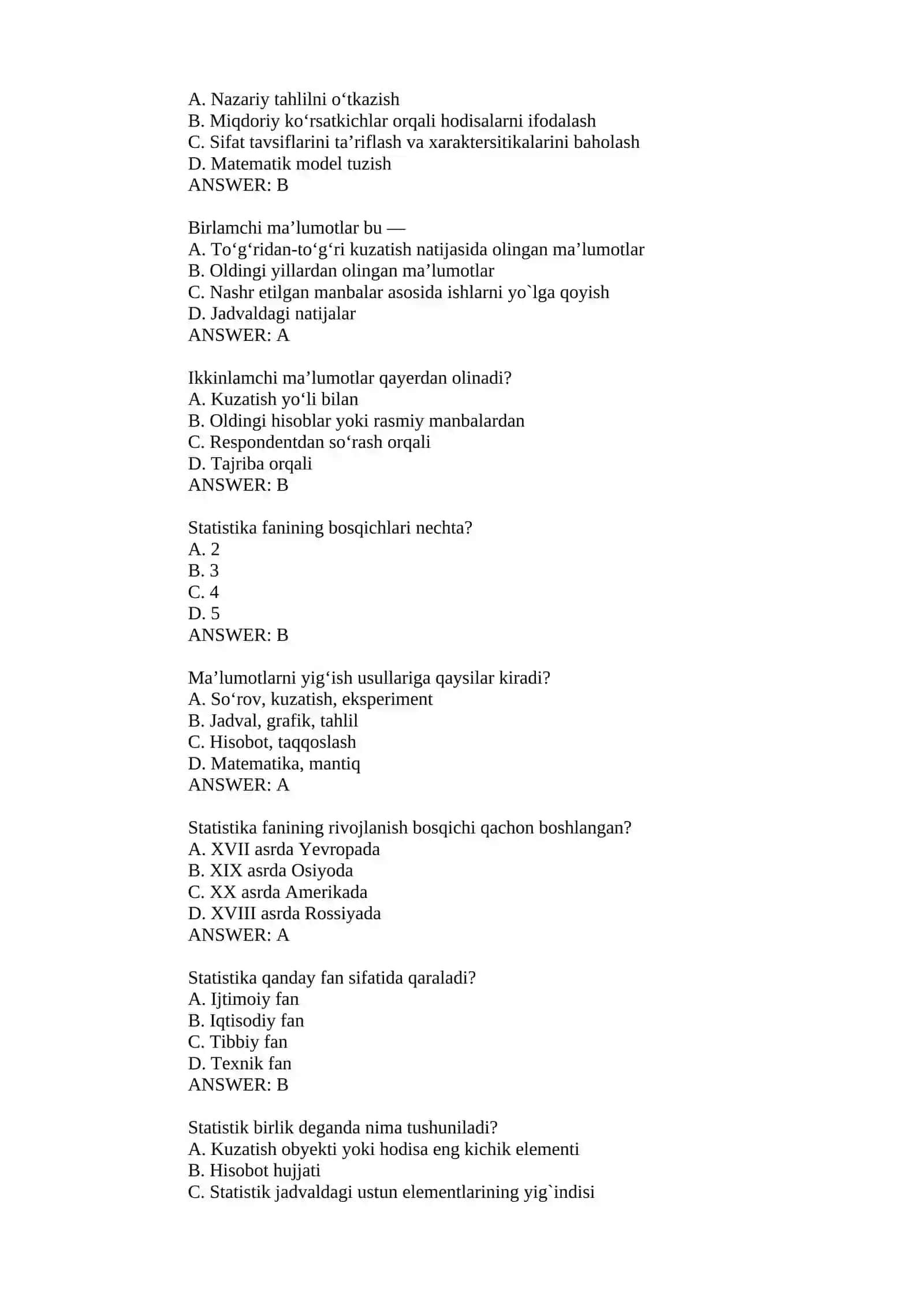 STATISTIKA FANI YAKUNIY NAZORAT TEST lari 2