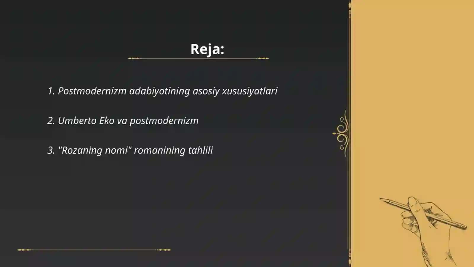 Postmodernizm adabiyoti. U.Eko ijodi 2