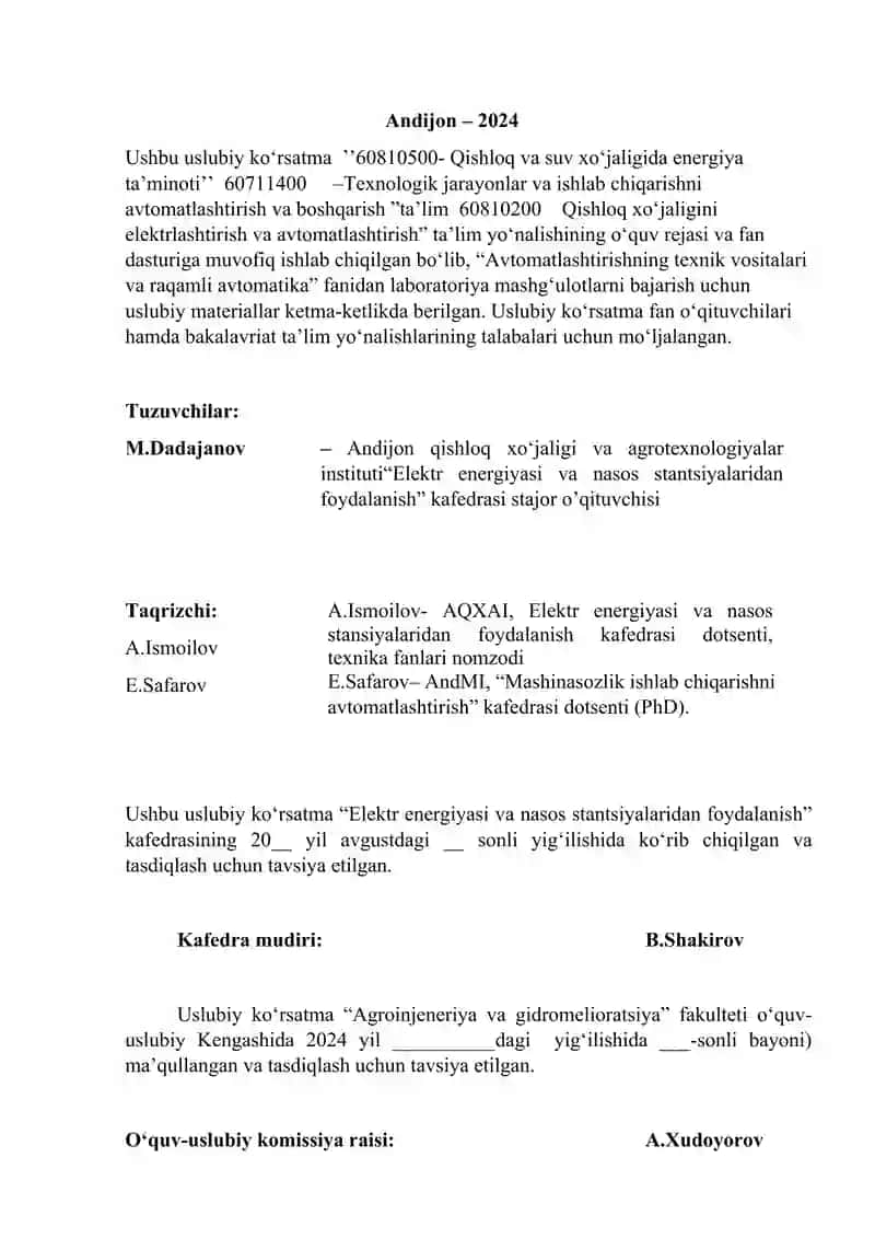 Avtomatikaning texnik vositalari fani bo‘yicha 2